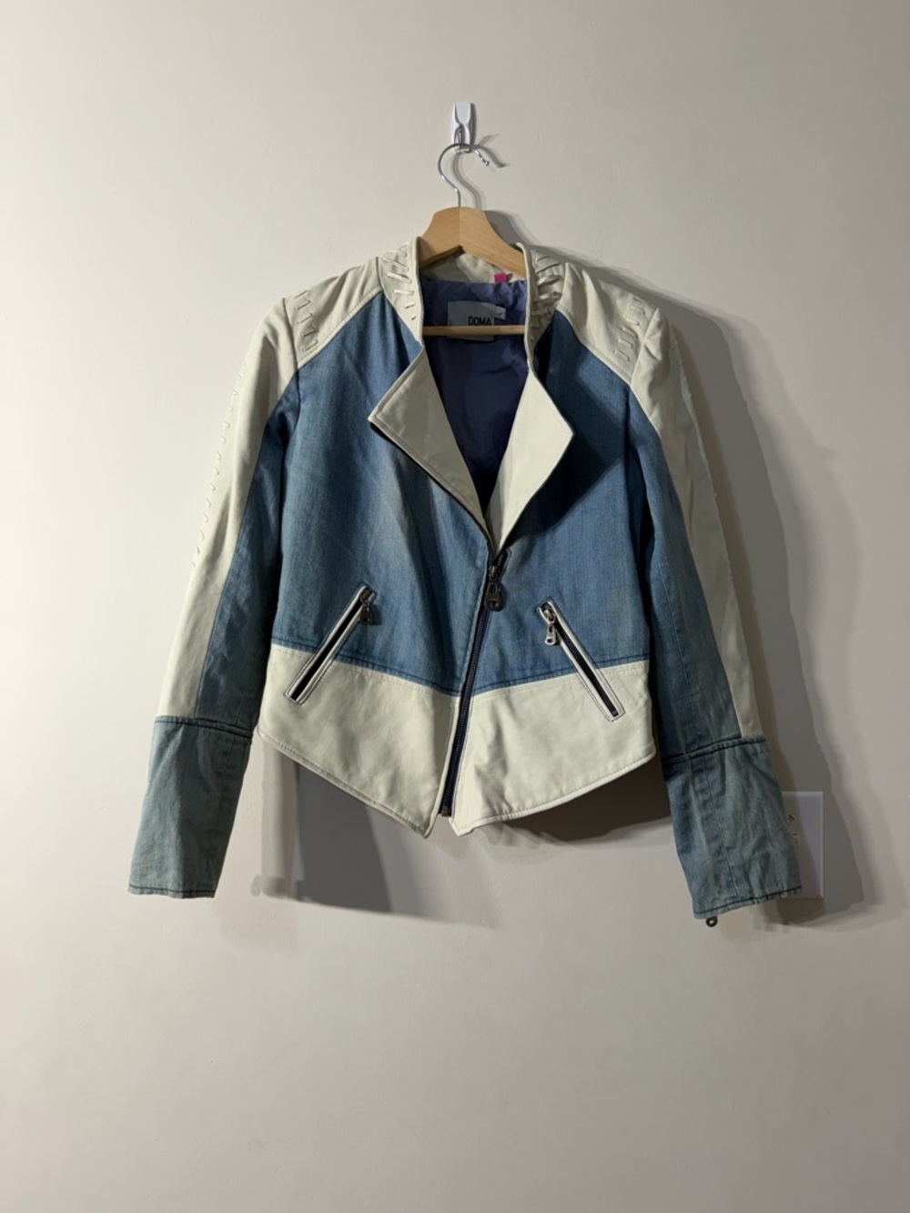 Doma Denim Cream Leather Moto Riding Asymmetrical Cropped Jacket women’s size L